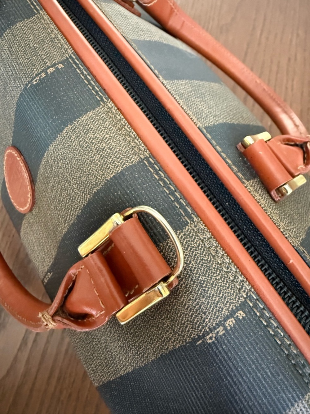 Fendi Brown and Black Striped Canvas Shoulder Bag with Tan Leather Trim - Picture 7 of 16